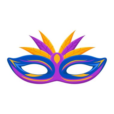 Mor tüylü Festival Mavi Maskesi. Venedik tarzı tiyatral kutlamalar için parlak karnaval dekorasyonu zarif vektör yüz maskesi