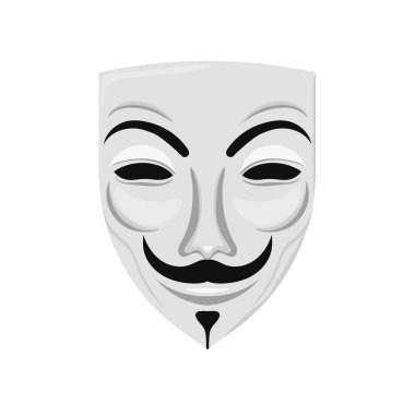Gülümseyen isimsiz hacker maskesi şablonu. Bilinmeyen devrimci ve siber suçlunun sembolü olarak bıyıklı ve keçi sakallı yüz gizemli vektör tehditleri ile