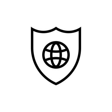 Black shield with planet icon. Global protection with secure communication and business transactions of financial vector flows