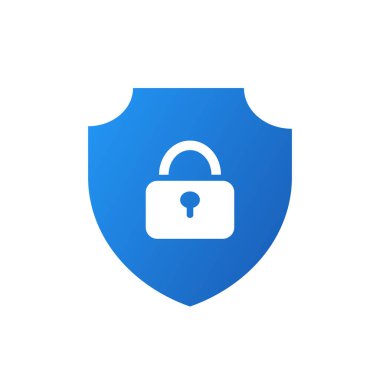 Blue shield lock icon. Blocking unwanted websites and protection against viruses and hacking with mandatory user check and vector firewall