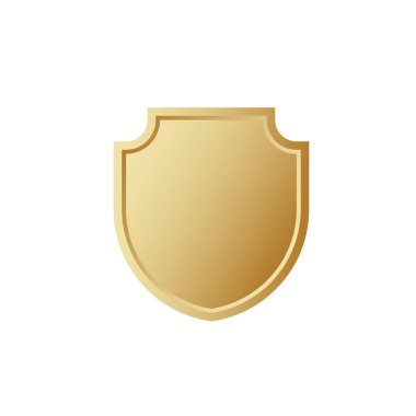 Golden metal shield icon. Glossy symbol of safety and reliability for vintage heraldry and vector logo