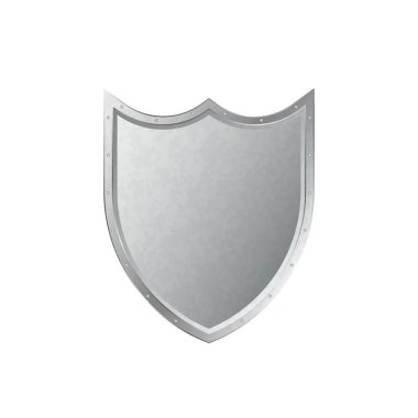 Silver blank shield icon. Metal glossy symbol of safety and reliability for vintage heraldry and vector logo