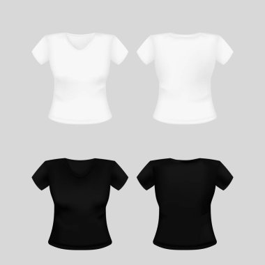 Womens tshirt front and back view mockup template. Fashion black and white clothes for everyday wear and sports with quality design and vector cotton