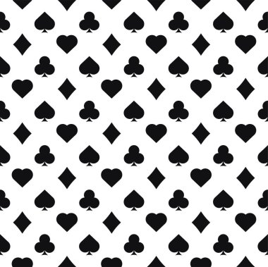 Siyah ve beyaz kart kusursuz takım elbise oynuyor. Kumar ve vektör bahisleriyle kumaş desenli poker dekorasyonu