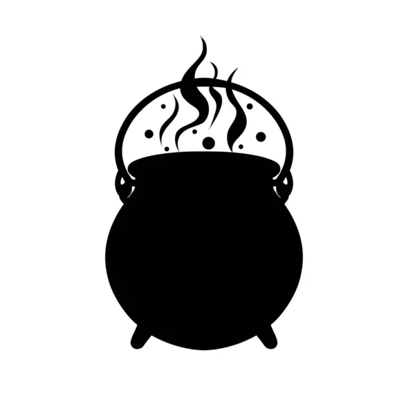 魔法の釜を沸かす 魔女のポーションや呪文のための醸造とホットベクトル食品を調理する黒鍋 — ストックベクタ