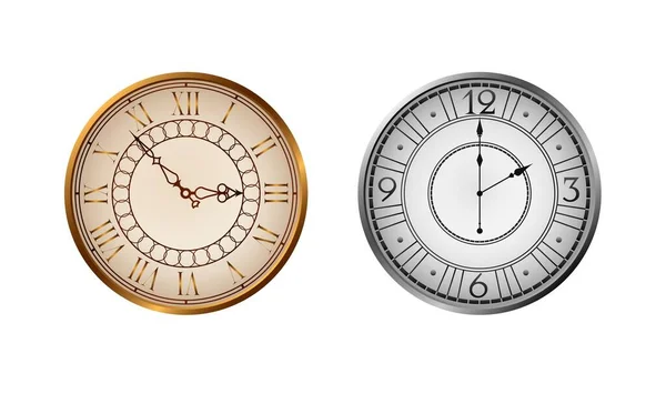 विंटेज पुराने घड़ी टेम्पलेट. वास्तविक क्लासिक प्राचीन गोल डायल डिजाइन घंटे हाथों और वेक्टर मिनट के साथ विंटेज अंकों के साथ वेक्टर ग्राफ़िक्स