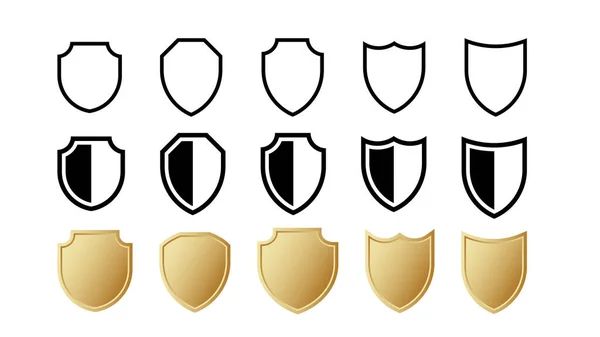 Garis Luar Dan Ikon Set Perisai Emas Perlindungan Logam Simbol - Stok Vektor