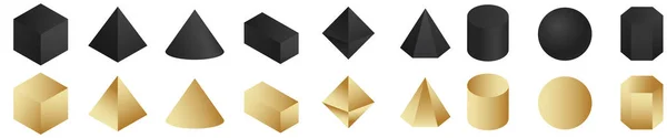ゴールデンとブラックの幾何学3D形状がセットされています シンプルなベクトル構造のオブジェクトを持つモダンなデザイン要素として六角形と三角形の広場 — ストックベクタ