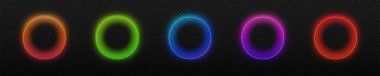 Neon dairesi parlama halkası. Yuvarlak şeffaf renkli neon vektör çerçevesi koyu arkaplanda izole edildi