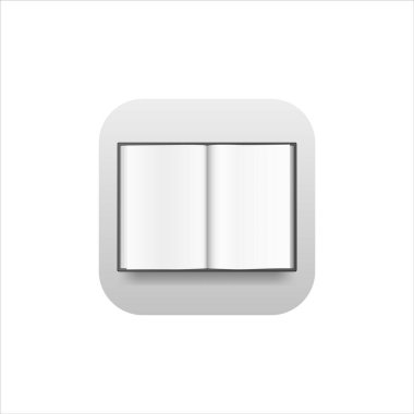 Cep telefonu için kitap başvuru simgesi. Gri gradyalı logo okunuyor. Açık kitabın logosu.