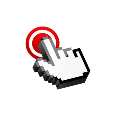 Kırmızı düğmeye basmak için beyaz el imleci. Masaüstü el işaretleyici simgesi.