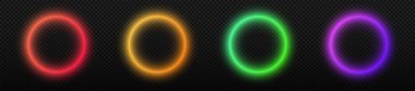 Neon dairesi parlayan yüzük. Yuvarlak şeffaf renkli neon vektör çerçevesi koyu arkaplanda izole edildi
