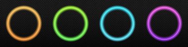 Neon dairesi parlayan yüzük. Yuvarlak şeffaf renkli neon vektör çerçevesi koyu arkaplanda izole edildi