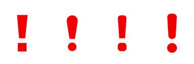 Yatay çizgide dört farklı kırmızı ünlem işareti, çeşitli tasarımları gösteriyor..