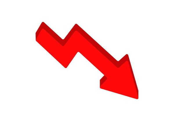 A bright red 3d arrow pointing downwards, symbolizing a decrease or decline, often used in financial contexts.