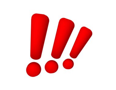 Üç cesur kırmızı ünlem işareti yan yana duruyor, dikkat ve aciliyeti yakalıyor..