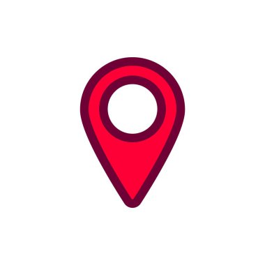 Kırmızı iğne ve beyaz daireli basit bir harita simgesi tasarımı. Dijital haritalardaki yerleri işaretlemek için kullanılır.