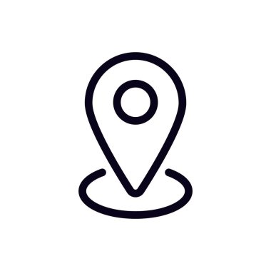 Dairesel tabanlı basit bir pin konum işaretleyicisi içeren bir minimalist siyah-beyaz vektör simgesi.