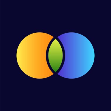 Turuncu yeşil ve mavi renkli üç üst üste daireli canlı venn diyagramı tasarımı oluşturur..