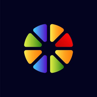 Canlı dairesel bir logo, tekerlek gibi sıralanmış renkli gradyan segmentleri gösterir. Basit ve modern..