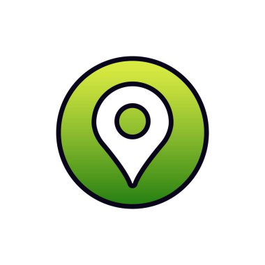 Yeşil bir dairesel harita iğnesi düz bir gradyan ve navigasyon kullanımı için koyu siyah bir anahat içerir..