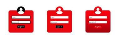 Kullanıcı ve parola alanlarıyla üç kırmızı giriş formunu gösteren grafik, düğmede bir işaret içeriyor.