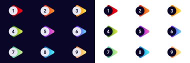 İki farklı şekilde gösterilen dokuz renkli numaralandırılmış simge seti. Yaratıcı projeler için mükemmel.