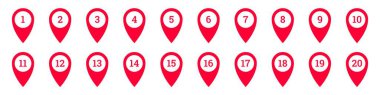 Birden yirmiye kadar numaralandırılmış kırmızı harita işaretleri içeren simge seti. Basit ve kolayca tanınabilir..
