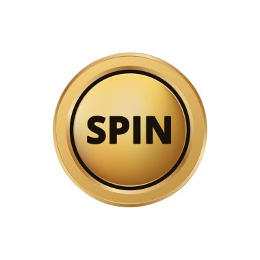 Yuvarlak altın düğme, kelime kalın siyah harflerle dönüyor, oyun arayüzleri için mükemmel..