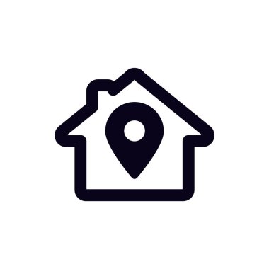 Bu sembol bir evi konum rozeti ile birleştiriyor, emlak ve navigasyon kavramlarını temsil ediyor..