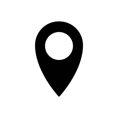 Haritalar ve navigasyon uygulamaları için kullanılan bir konum işaretçisini temsil eden siyah harita simgesi.
