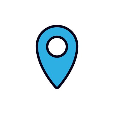 Siyah çizgili mavi lokasyon simgesi. Haritalar, navigasyon veya dijital platformlar için ideal.