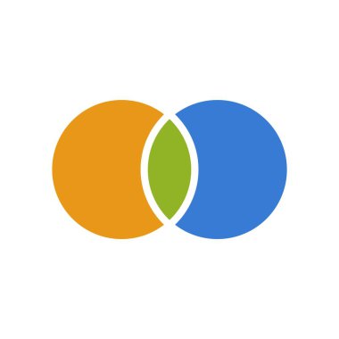 İki üst üste binen turuncu ve mavi dairenin ortasında yeşil yaprak gibi bir şekil var..