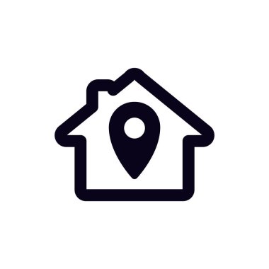 Siyah ve beyaz simgesi konum kodlu bir ev şeklini gösteriyor, ev navigasyon ve adresini temsil ediyor.