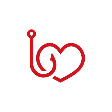 Sevgi ve yaratıcılığı bir sembolde birleştiren, stilize edilmiş kırmızı bir kancaya sahip eşsiz bir kalp tasarımı..