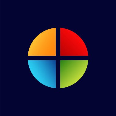 Daire dört eşit parçaya bölünür, her bölüm parlak renklerle doludur: turuncu, kırmızı, mavi, yeşil.