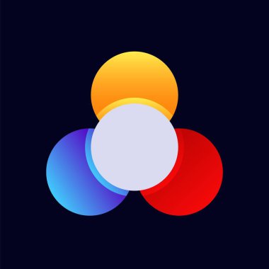 Mavi, kırmızı, sarı üç daire simetrik olarak düzenlenmiş, canlı bir geometrik ekran yaratıyor..