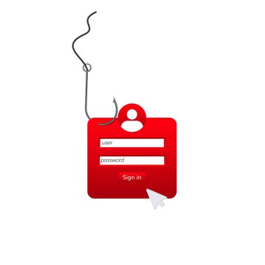 Balık kancasındaki giriş formu, kullanıcıları hassas veri sağlamaları için kandıran sahtekarlık saldırılarını sembolize ediyor.