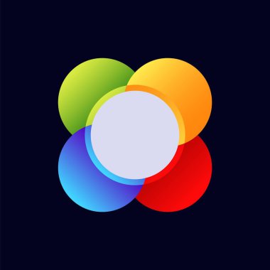 Dört canlı daire, düzgün bir şekilde harmanlanmış kalın renkler sergileyen merkezi beyaz bir çemberle buluşur..