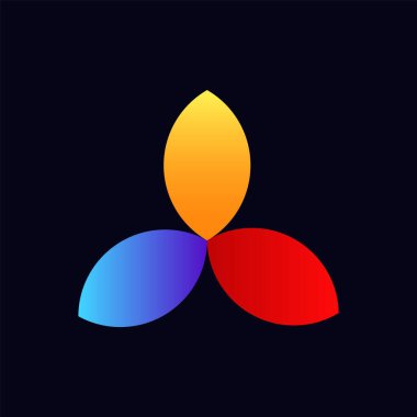 Üç üst üste binen sarı, mavi ve kırmızı yapraklı soyut bir logo simetrik bir tasarım oluşturuyor..