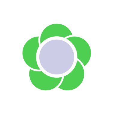 Sade yeşil çiçek tasarımı, beş taç yaprağı ve merkezi gri bir daire, düz beyaz bir arkaplan üzerine kurulmuş..