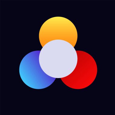 Üç renkli daire üst üste binerek canlı turuncu, mor ve kırmızı renkler oluşturuyor. basit biçim.