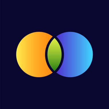 Turuncu yeşil ve mavi renkli üç üst üste daireli canlı venn diyagramı tasarımı oluşturur..