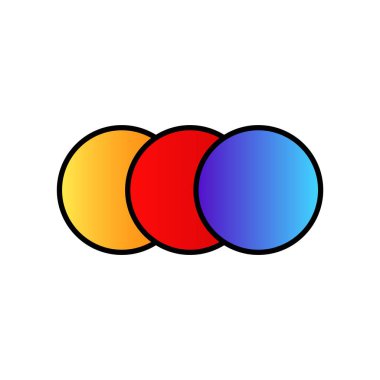 Üç daire üst üste biniyor, parlak sarı, kırmızı ve mavi tonlarda kalın hatları var..