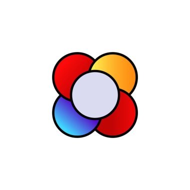 Merkezi bir çemberin etrafında dört renkli, üst üste binen dairesel yaprak içeren canlı bir geometrik tasarım..