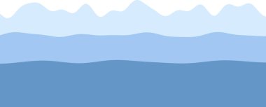 Minimalist geometrik dağ manzarasında soyut mavi dalga katmanları.