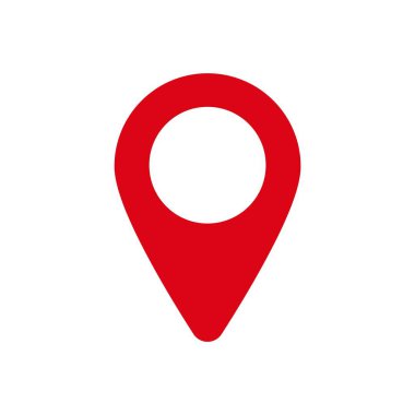 Sivri kuyruklu parlak kırmızı harita iğnesi ve harita konumu işaretlemesi için iç beyaz daire sembolü.