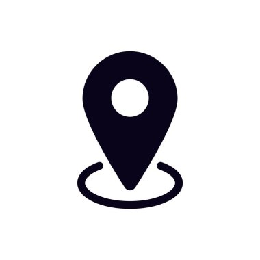 Merkezi çember ve taban içeren siyah lokasyon simgesi. Haritalardaki benekleri işaretlemek için kullanılır.