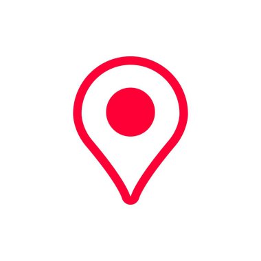 Minimalist kırmızı lokasyon rozeti. Dijital uygulamalarda navigasyon ve harita işaretlemede kullanılır.