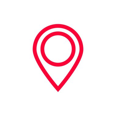 Açık bir tasarım ve kalın çizgiler içeren, navigasyon ve haritalama için basit kırmızı konum pin simgesi.